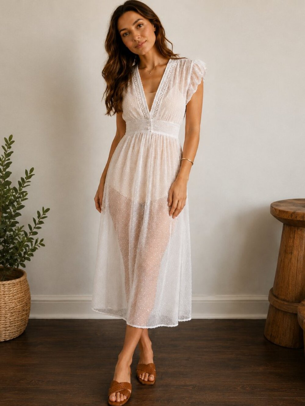 Hem & Thread White Swiss Dot Boho Midi Dress | Size Small